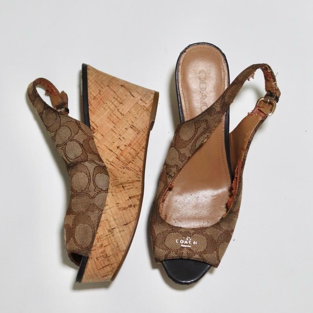 Vintage Coach Brown Wedge Slingback Sandals